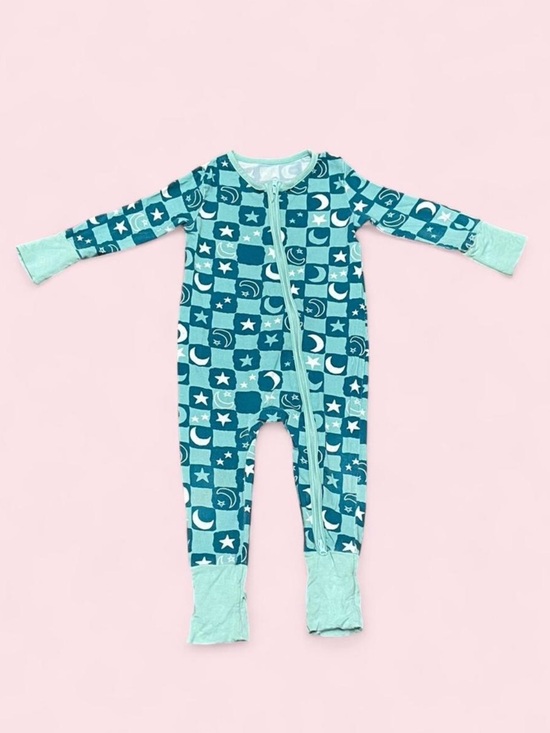 Teach Leanbh Other - Teach Leanbh Bamboo Baby Sleeper 6-12M Teal Star Moon Zip Romper Footed Pajamas